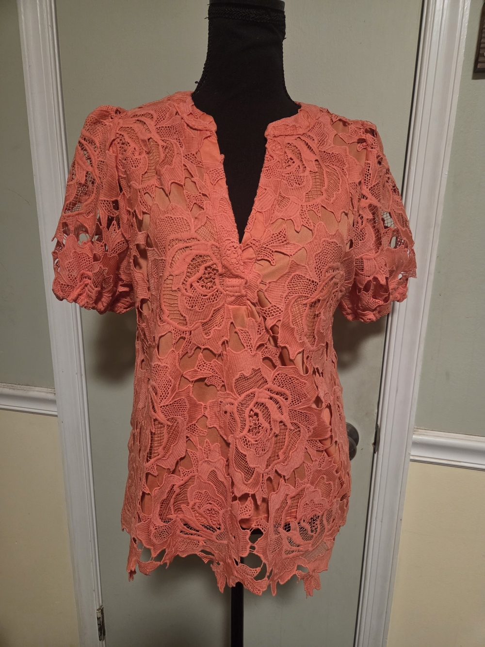 Umgee Coral Lace Floral V-Neck Short Sleeve Blouse